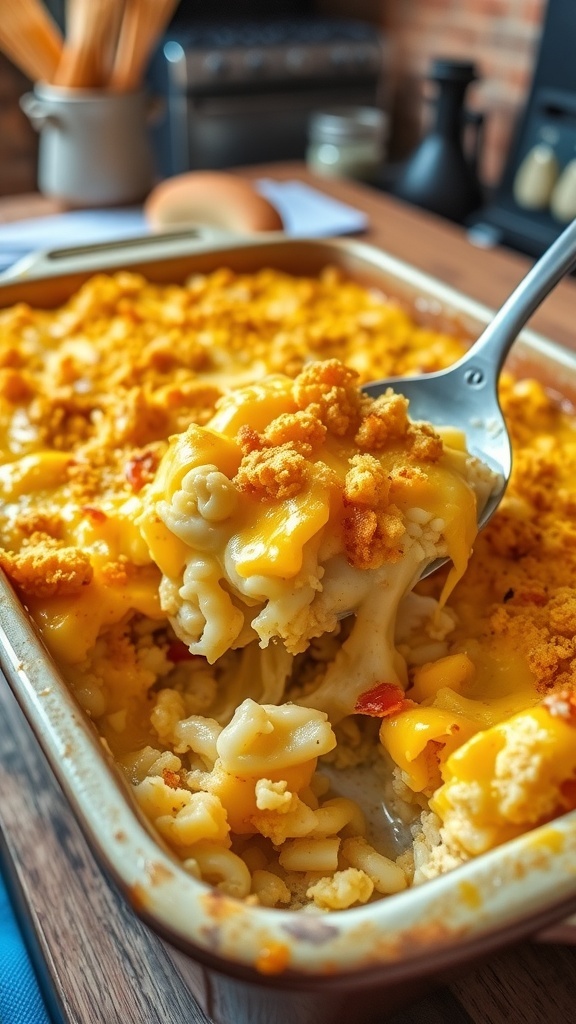 Cheesy chicken and rice casserole in a baking dish, topped with melted cheese and breadcrumbs.